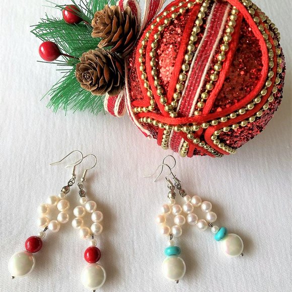 Christmas pearl, turquoise earrings - Picture 1 of 2